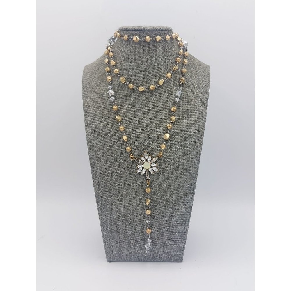 Vintage Necklace Beaded Silver Toned Gold Toned Faceted 38" Long Crystal Burs
